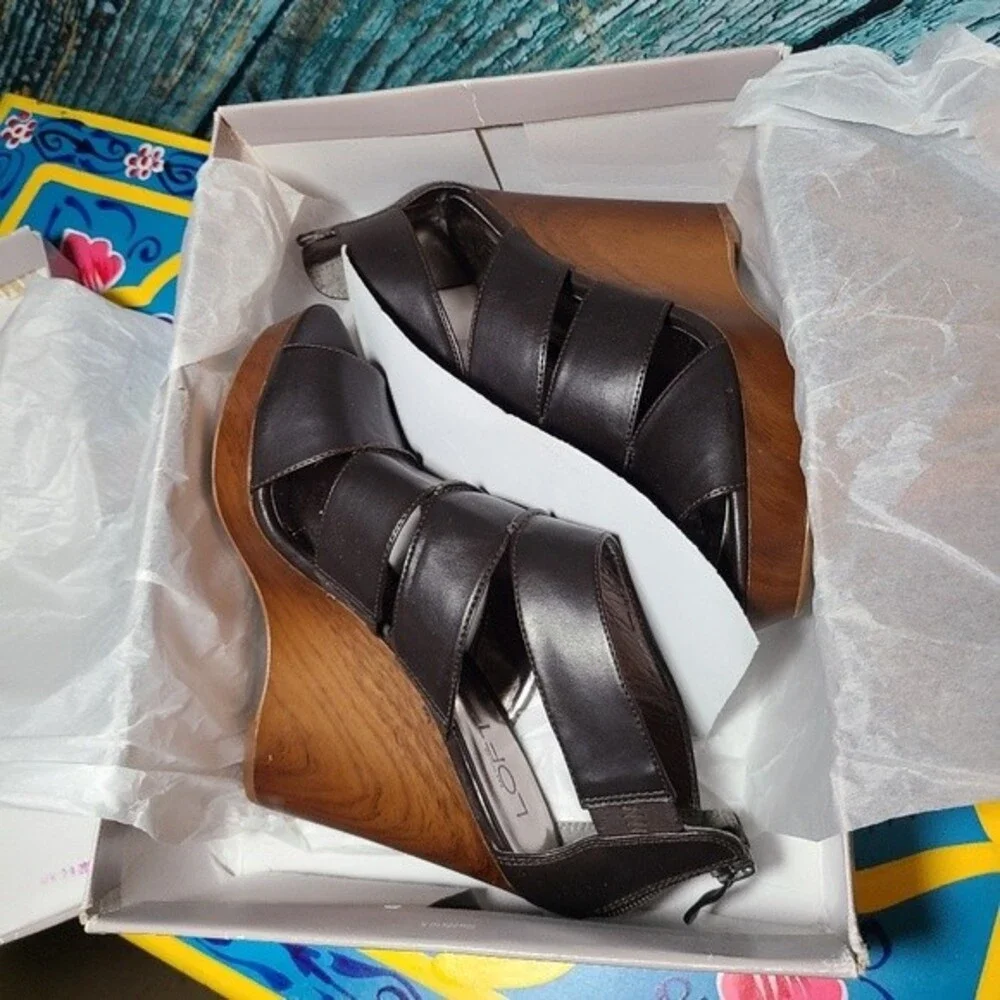 Y2K Boho Clubkid Retro Glam Platform Wedge Heels Brown Strappy Sandals‎ Loft 7.5